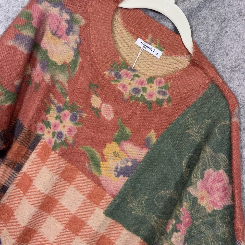 Togputel Patchwork Sweater Womens Sz S Orange Floral Check Oversized Fuzzy NWT